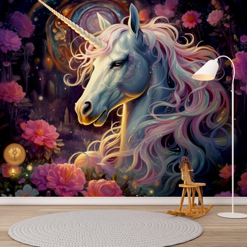 Fotobehang unicorn/eenhoorn met roze manen en bloemen op de achtergrond Fotobehang unicorn/eenhoorn met roze manen en bloemen op de achtergrond