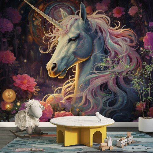 Fotobehang unicorn/eenhoorn met roze manen en bloemen op de achtergrond Fotobehang unicorn/eenhoorn met roze manen en bloemen op de achtergrond