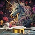Fotobehang unicorn/eenhoorn met roze manen en bloemen op de achtergrond Fotobehang unicorn/eenhoorn met roze manen en bloemen op de achtergrond
