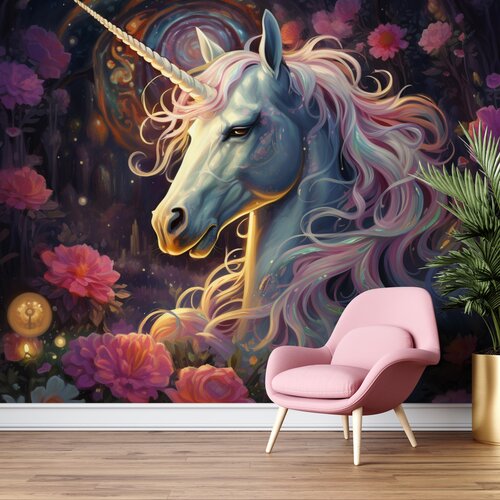 Fotobehang unicorn/eenhoorn met roze manen en bloemen op de achtergrond Fotobehang unicorn/eenhoorn met roze manen en bloemen op de achtergrond