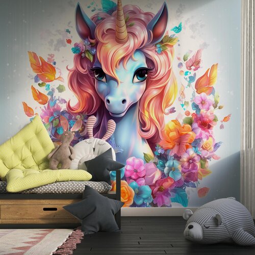 Fotobehang Unicorn / Eenhoorn kleurige met bloemen Fotobehang Unicorn / Eenhoorn kleurige met bloemen