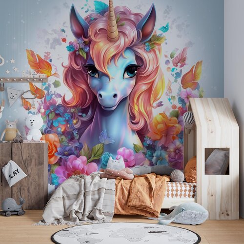 Fotobehang Unicorn / Eenhoorn kleurige met bloemen Fotobehang Unicorn / Eenhoorn kleurige met bloemen