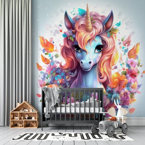 Fotobehang Unicorn / Eenhoorn kleurige met bloemen Fotobehang Unicorn / Eenhoorn kleurige met bloemen