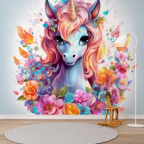 Fotobehang Unicorn / Eenhoorn kleurige met bloemen Fotobehang Unicorn / Eenhoorn kleurige met bloemen