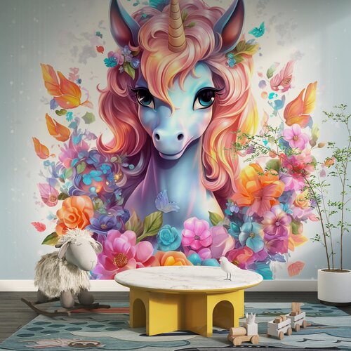 Fotobehang Unicorn / Eenhoorn kleurige met bloemen Fotobehang Unicorn / Eenhoorn kleurige met bloemen