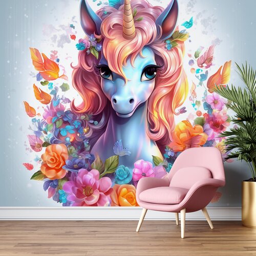 Fotobehang Unicorn / Eenhoorn kleurige met bloemen Fotobehang Unicorn / Eenhoorn kleurige met bloemen