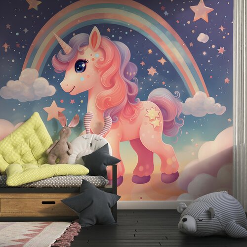 Fotobehang Unicorn / Eenhoorn bij regenboog en sterren Fotobehang Unicorn / Eenhoorn bij regenboog en sterren