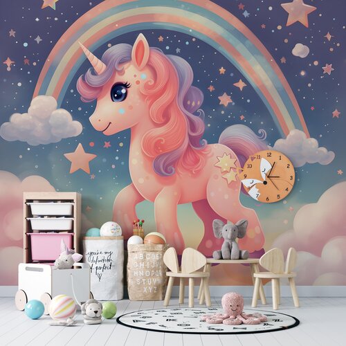 Fotobehang Unicorn / Eenhoorn bij regenboog en sterren Fotobehang Unicorn / Eenhoorn bij regenboog en sterren