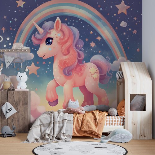 Fotobehang Unicorn / Eenhoorn bij regenboog en sterren Fotobehang Unicorn / Eenhoorn bij regenboog en sterren