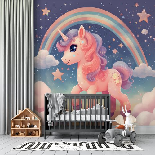 Fotobehang Unicorn / Eenhoorn bij regenboog en sterren Fotobehang Unicorn / Eenhoorn bij regenboog en sterren