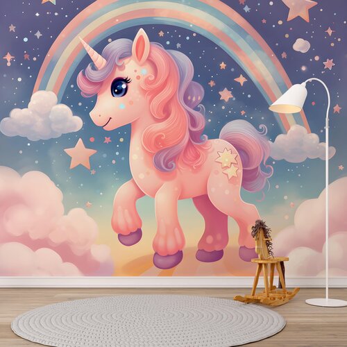 Fotobehang Unicorn / Eenhoorn bij regenboog en sterren Fotobehang Unicorn / Eenhoorn bij regenboog en sterren