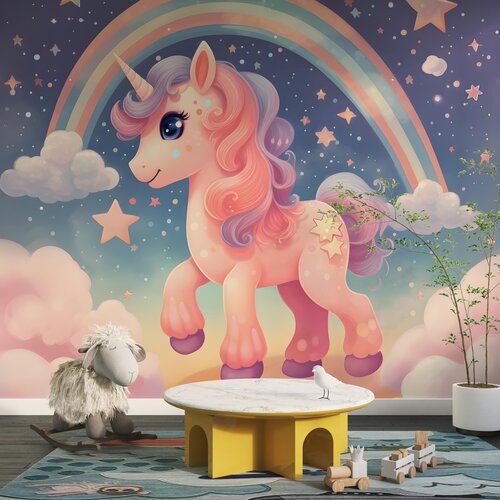 Fotobehang Unicorn / Eenhoorn bij regenboog en sterren Fotobehang Unicorn / Eenhoorn bij regenboog en sterren