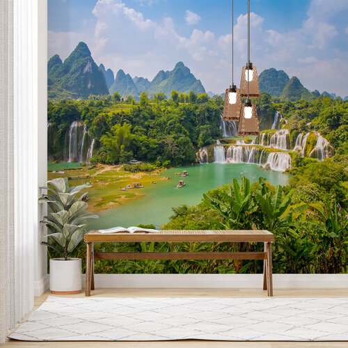 Behang boten bij waterval Behang boten bij waterval