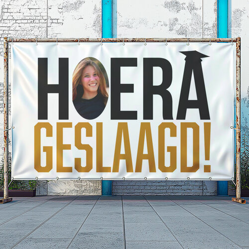 Hoera geslaagd aanpasbaar met foto spandoek Hoera geslaagd aanpasbaar met foto spandoek