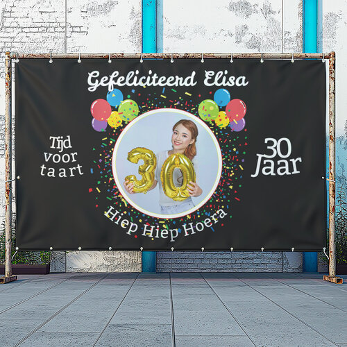 Confetti en ballonnen spandoek voor de jarige aanpasbaar in de tekst en foto