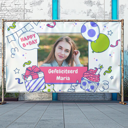 Feestelijke spandoek voor de jarige aanpasbaar in de tekst en foto