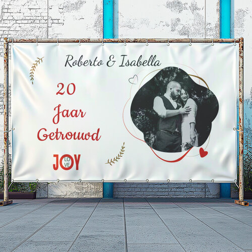Spandoek getrouwd 20 jaar jubileum aanpasbaar met eigen foto en tekst in een vast ontwerp