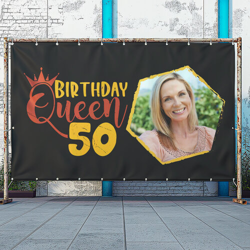 Birthday Queen 50 jaar spandoek met vast ontwerp aanpasbaar in de foto voor een unieke look