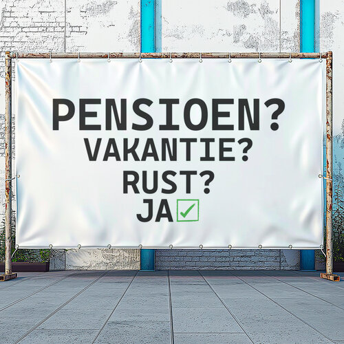 Pensioen? Vakantie? Rust? spandoek met vast en strak ontwerp Pensioen? Vakantie? Rust? spandoek met vast en strak ontwerp