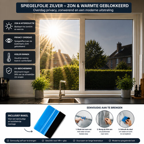 Bol Zonwerende Raamfolie Zilver – Zelfklevend – Tegen Hitte & Inkijk – Spiegelfolie – Geschikt voor HR++ Glas Bol Zonwerende Raamfolie Zilver – Zelfklevend – Tegen Hitte & Inkijk – Spiegelfolie – Geschikt voor HR++ Glas