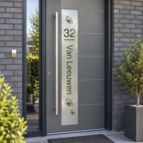 Raamfolie vlinders met huisnummer en achternaam Raamfolie vlinders met huisnummer en achternaam
