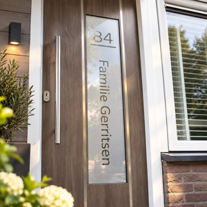 Raamfolie met uitgesneden huisnummer en namen Raamfolie met uitgesneden huisnummer en namen