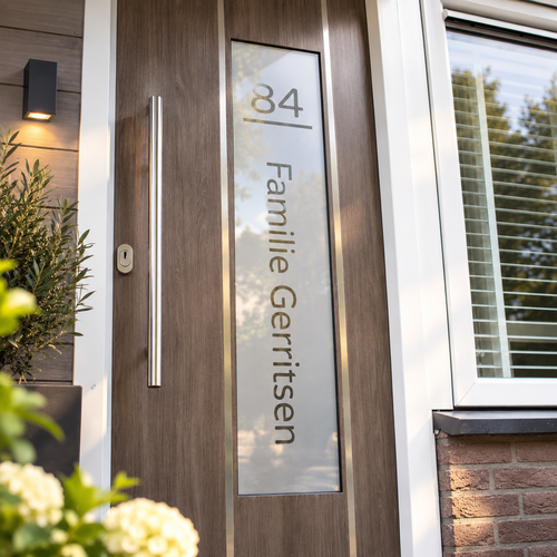 Raamfolie met uitgesneden huisnummer en namen Raamfolie met uitgesneden huisnummer en namen