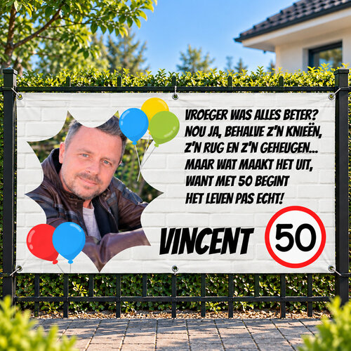 Spandoek 50 jaar met eigen tekst ontwerp zelf Spandoek 50 jaar met eigen tekst ontwerp zelf