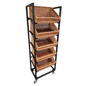 Black cookie rack with wicker baskets