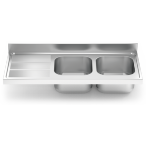 Sink with 2 bowls on the right and a draining board on the left.