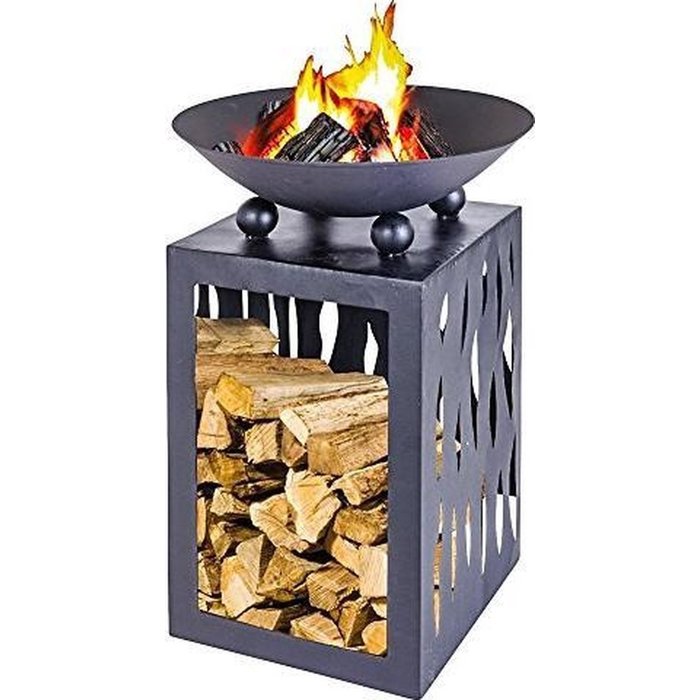 Ambiance Fire Bowl 45 cm avec rangement en bois pour bois de chauffage - noir