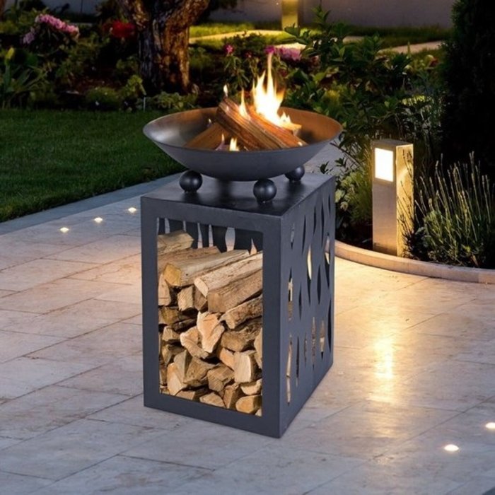 Ambiance Fire Bowl 45 cm avec rangement en bois pour bois de chauffage - noir