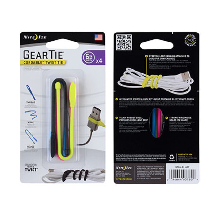 Nite Ize Nite Ize Gear Tie Câble Câble Câble 4 Pack Assorti 15cm