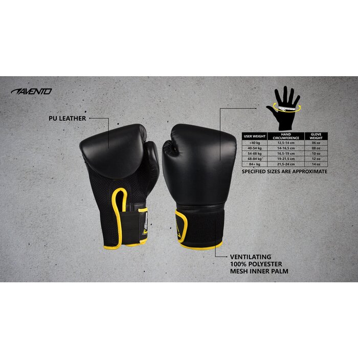 Avento® Avento - Boxing gloves PU • 14 OZ • Black/Yellow