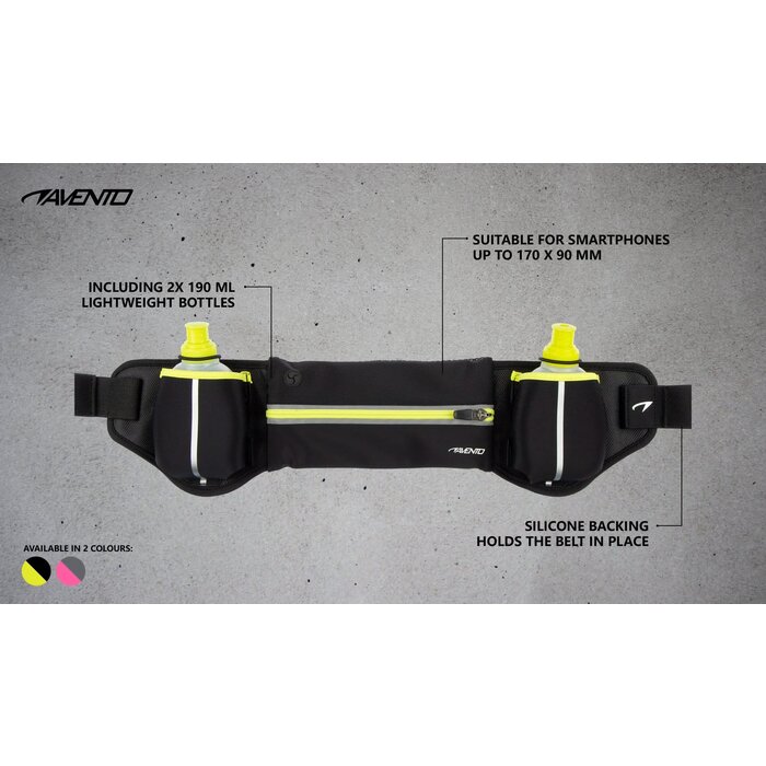 Avento® Avento - Running Belt with 2 Drink Bottles • ADDY • Black/fluoYellow