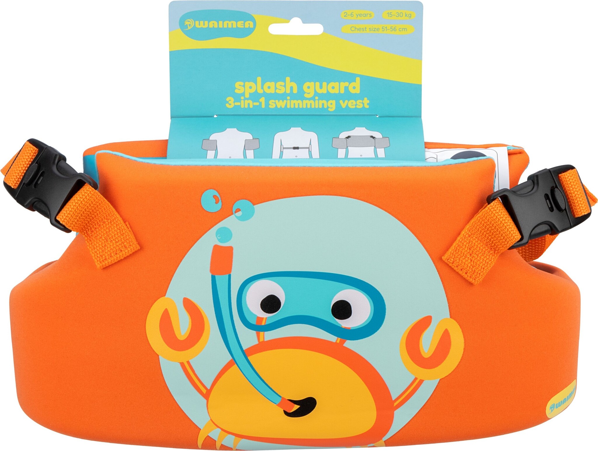 Waimea® Waimea – 3-in-1-Spritzschutz – 2–6 Jahre – 15–30 kg – Kimo – Orange/Blau