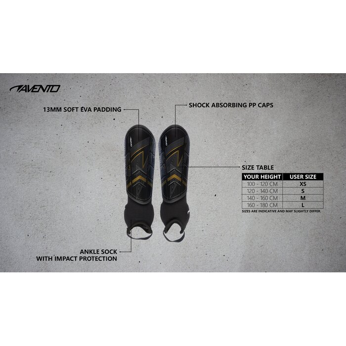 Avento® Avento – Schienbeinschoner mit Knöchelstrumpf – Double Tack – Schwarz/Gold