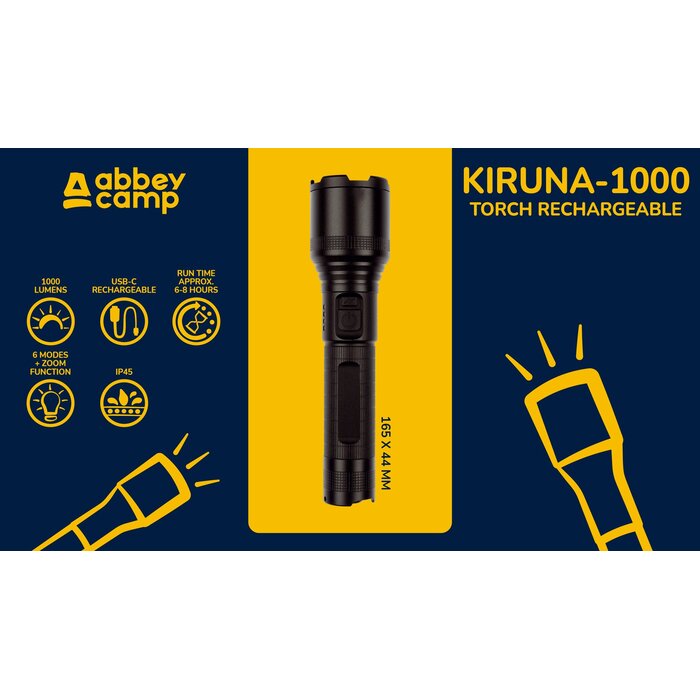 Abbey Camp® Abbey Camp - Zaklamp Oplaadbaar - Kiruna-1000 - Zwart
