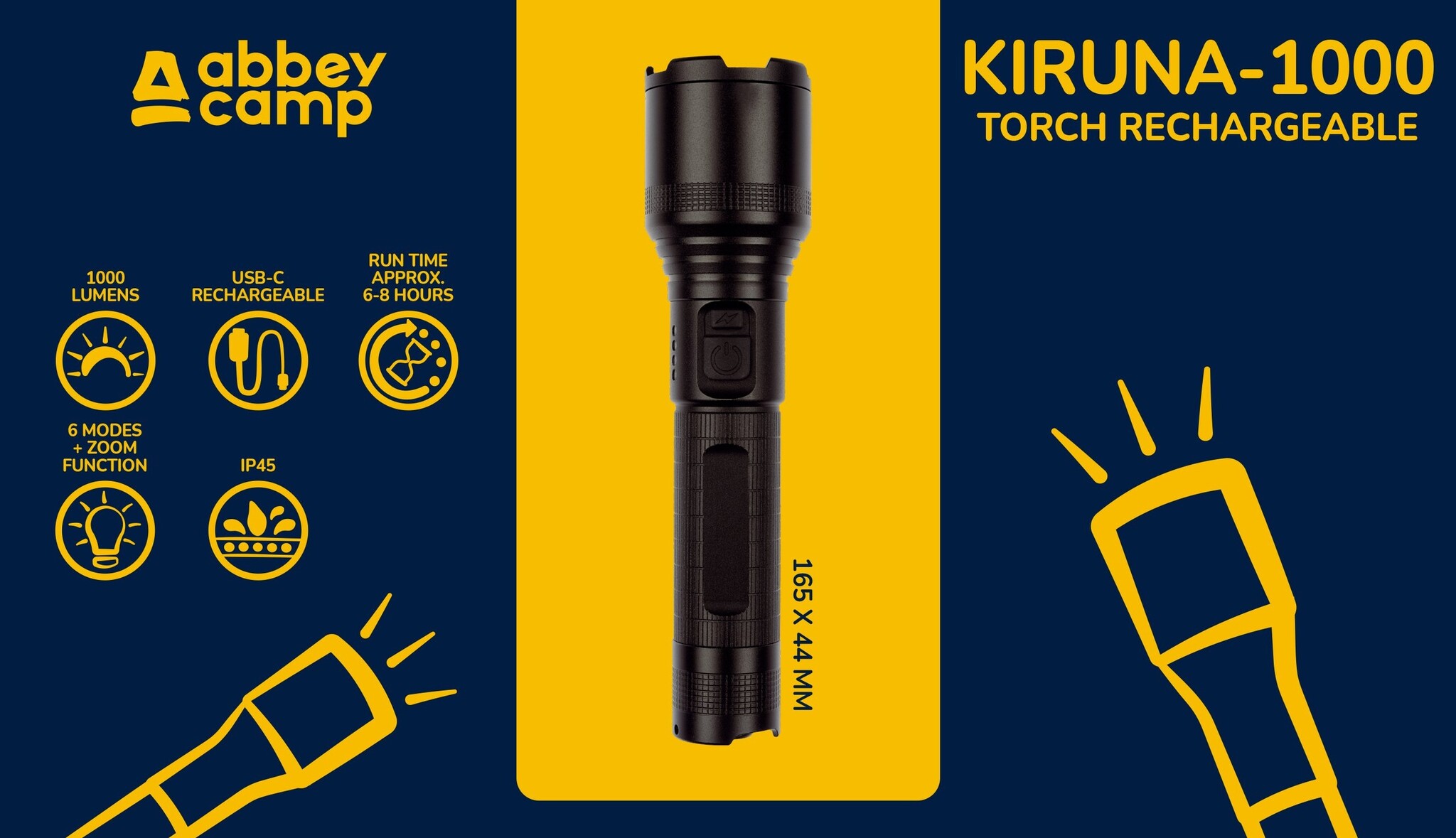 Abbey Camp® Abbey Camp - Lampe torche rechargeable - Kiruna-1000 - Noir