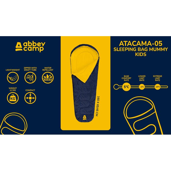 Abbey Camp® Abbey Camp – Mumienschlafsack – Kinder – ATACAMA-05 – Marineblau/Gelb