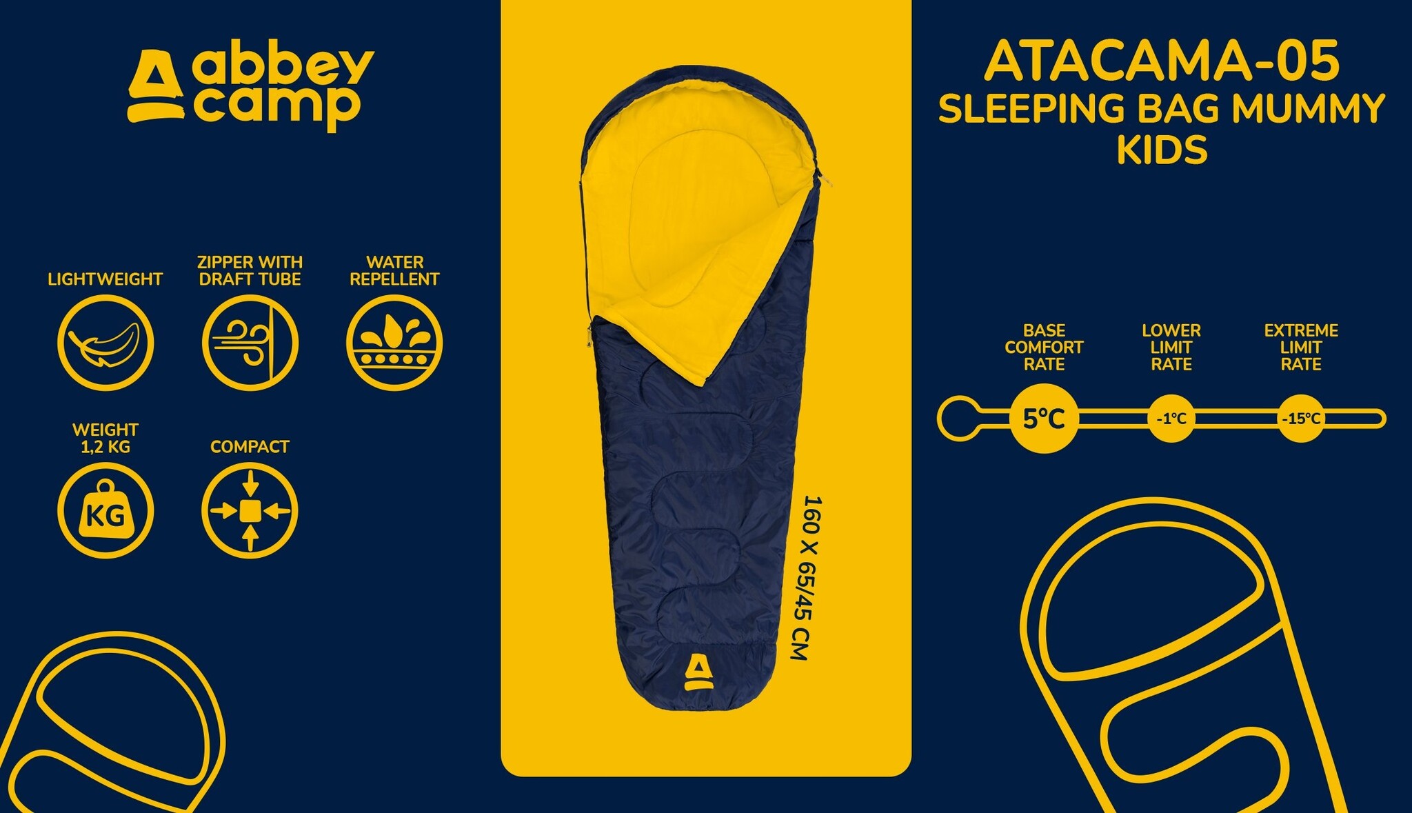 Abbey Camp® Abbey Camp - Mummy Sleeping Bag - Kids - ATACAMA-05 - Navy/Yellow