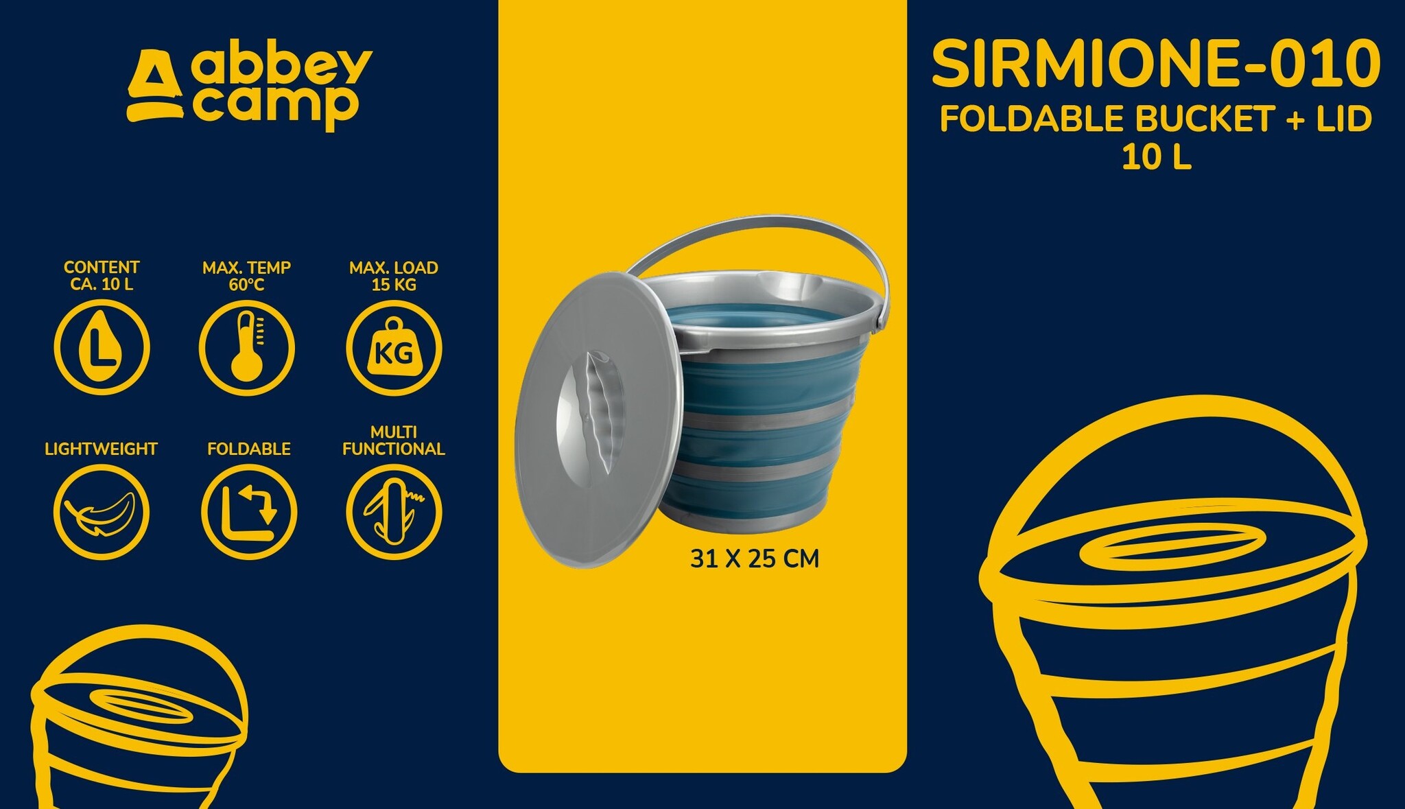 Abbey Camp® Abbey Camp – Faltbarer Eimer – 10 Liter + Deckel – SIRMIONE-010 – Blau/Grau