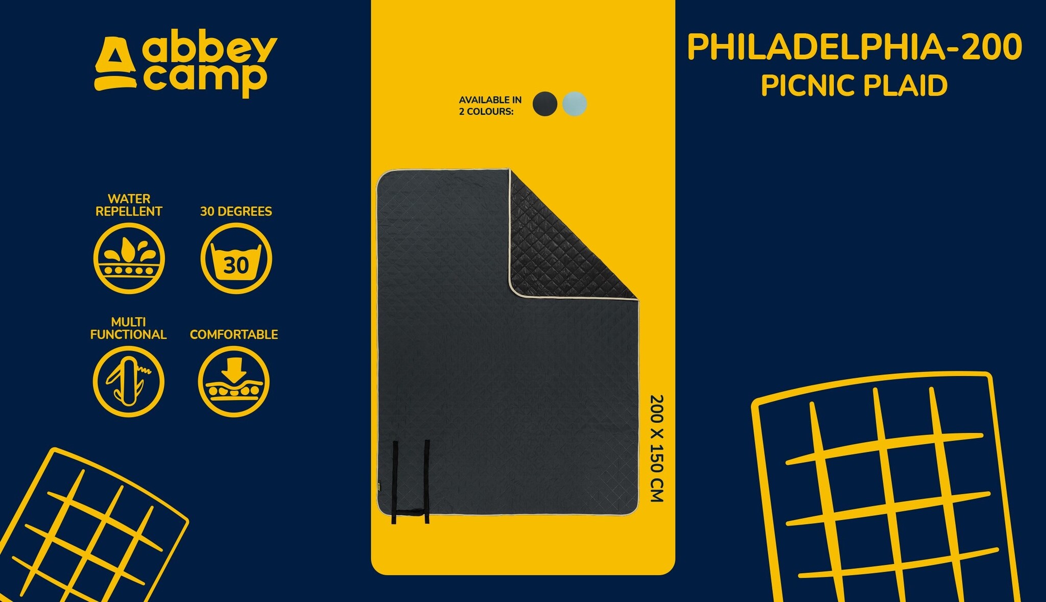 Abbey Camp® Abbey Camp – Picknickdecke – 200 x 150 cm – PHILADELPHIA-200 – Anthrazit/Sand