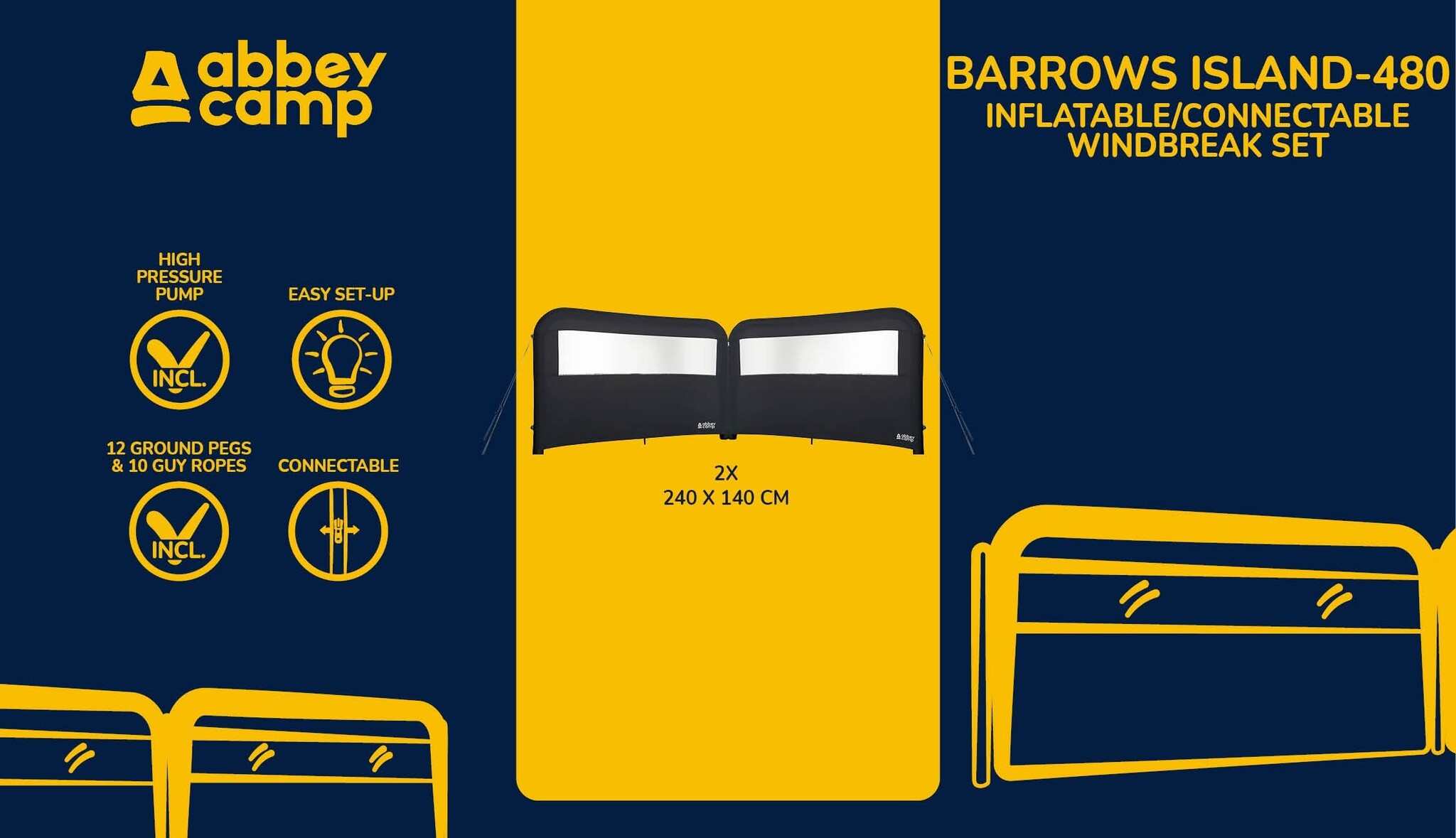 Abbey Camp® Abbey Camp – Aufblasbarer Windschutz – 2 x 2,40 m + Pumpe – BARROWS ISLAND-48 – Anthrazit meliert