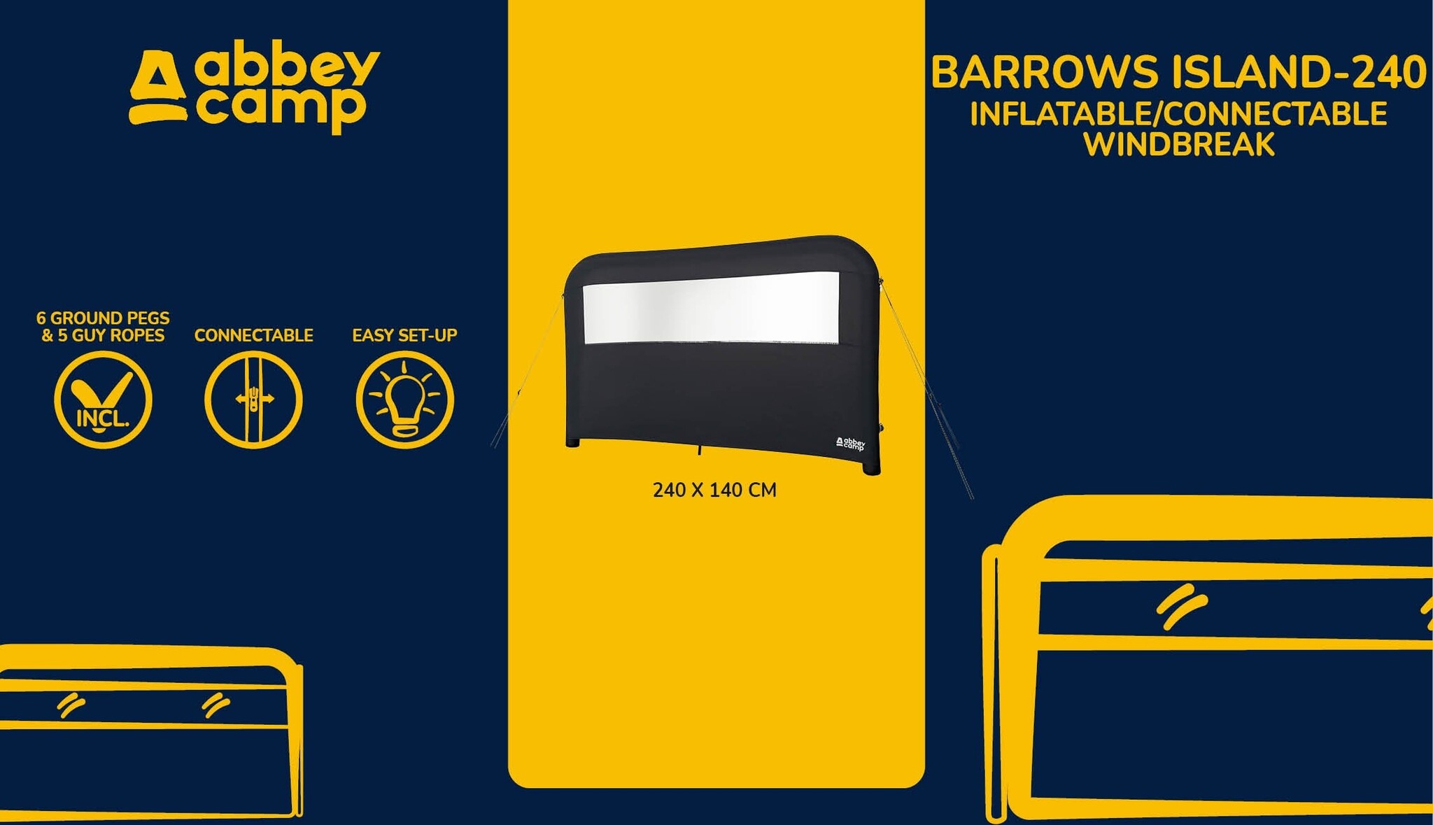 Abbey Camp® Abbey Camp - Windscherm Opblaasbaar - 1x 2.40 meter - BARROWS ISLAND-240 - Antraciet mêlee