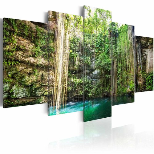 Schilderij - Waterval van Bomen, Groen/Bruin, print op canvas, 5luik