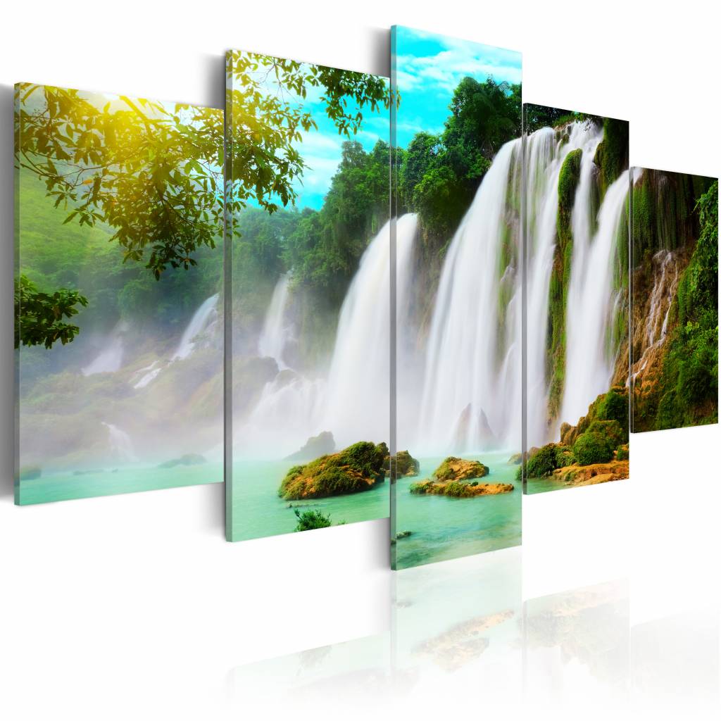 Schilderij - Waterval, Blauw/Groen/Wit, wanddecoratie, 5luik , premium print op canvas