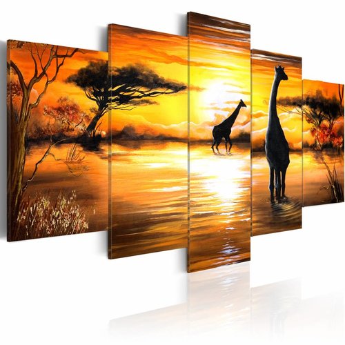 Schilderij - Giraffen bij drinkplaats, Afrika, Geel/oranje, 5luik, Print op canvas