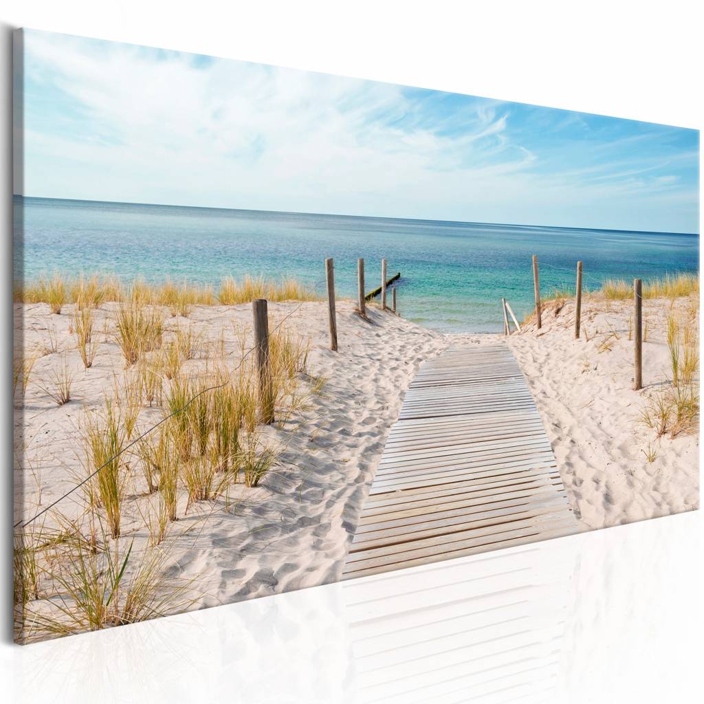Schilderij - Geluiden van de zee , strand, 2 maten, panorama afbeelding