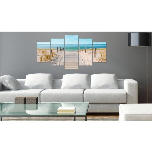 Schilderij - Naar de Noordzee, 5luik , beige blauw ,  wanddecoratie , premium print op canvas